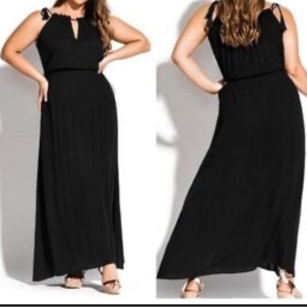 City Chic Black Tassel Tie Crinkle Maxi Dress L/20W Boho Elastic Waist Vacation